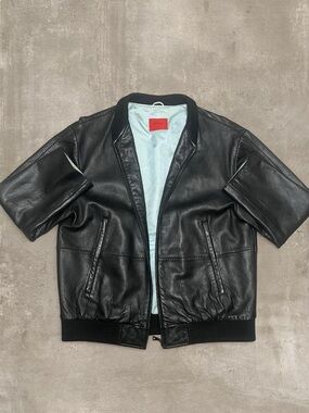 Offset Black Leather Jacket Women’s Medium Moto Bomber Zip Up Minimalist